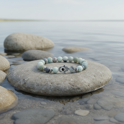 Frozen Amazonite Hamsa armband aan de waterkant