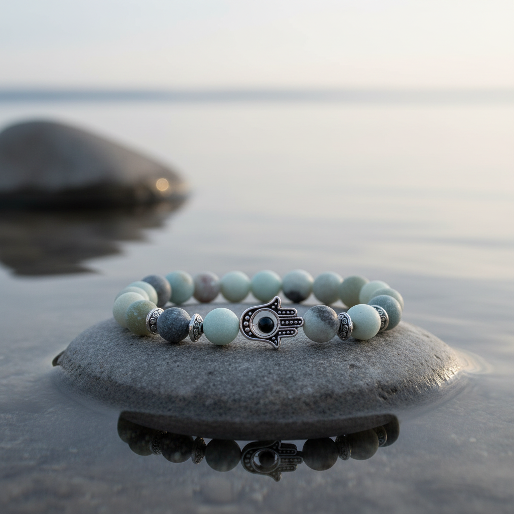 Frozen Amazonite Hamsa armband - close-up
