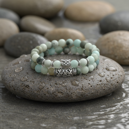 Frozen Amazonite Silver Owl armband - nieuwe poging op grijze natte steen