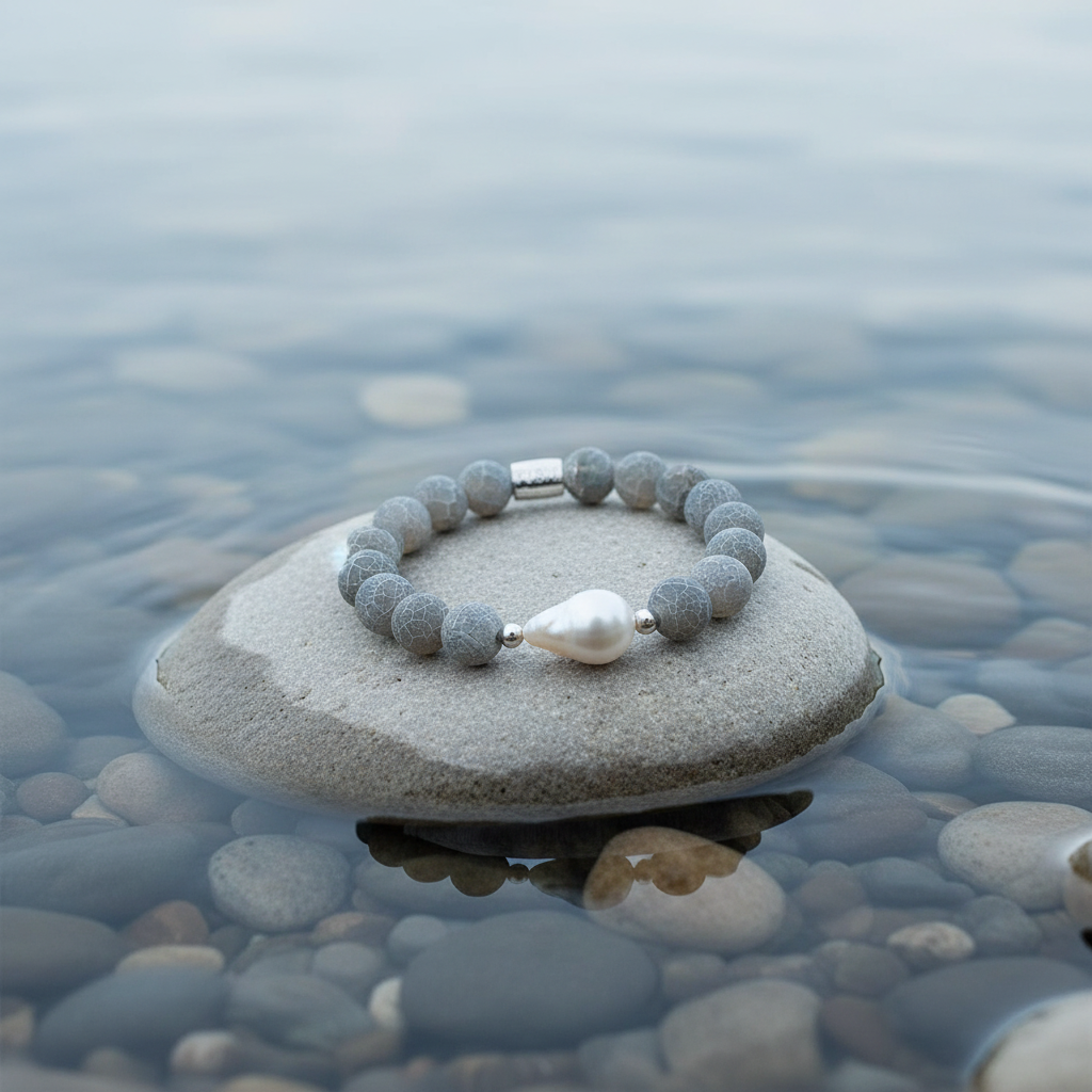 Frozen Grey Agate White Pearl armband aan de waterkant