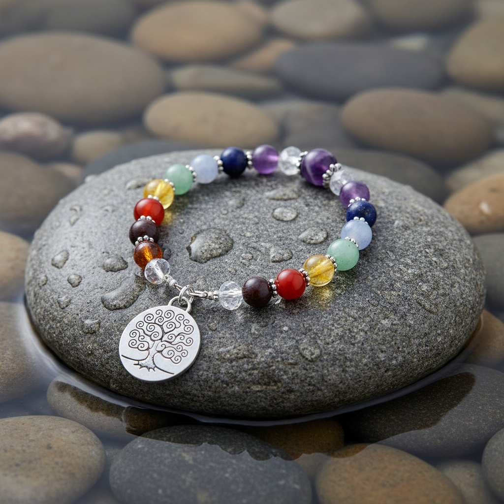 Gemstone Chakra edelstenen armband close-up op grijze natte steen bij oever