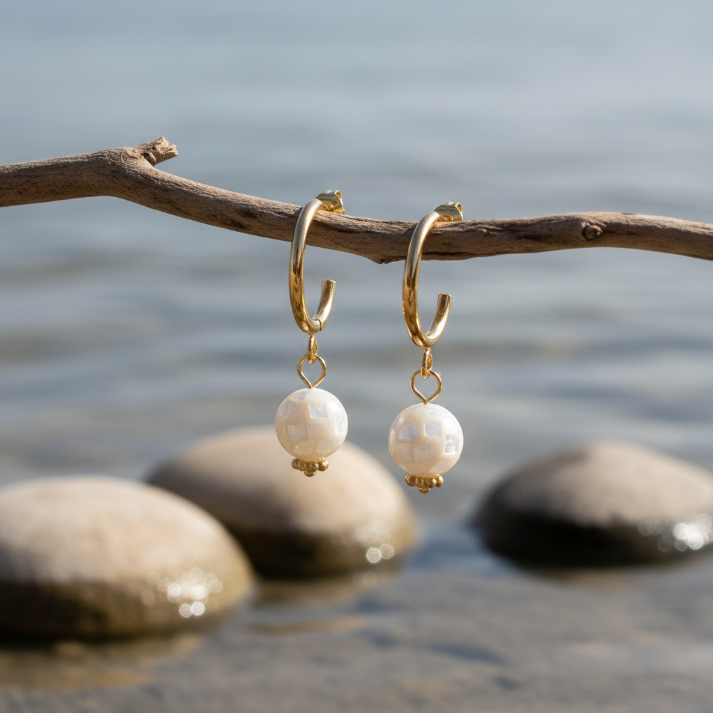 Golden Hope White Mosaic Ball oorbellen aan tak