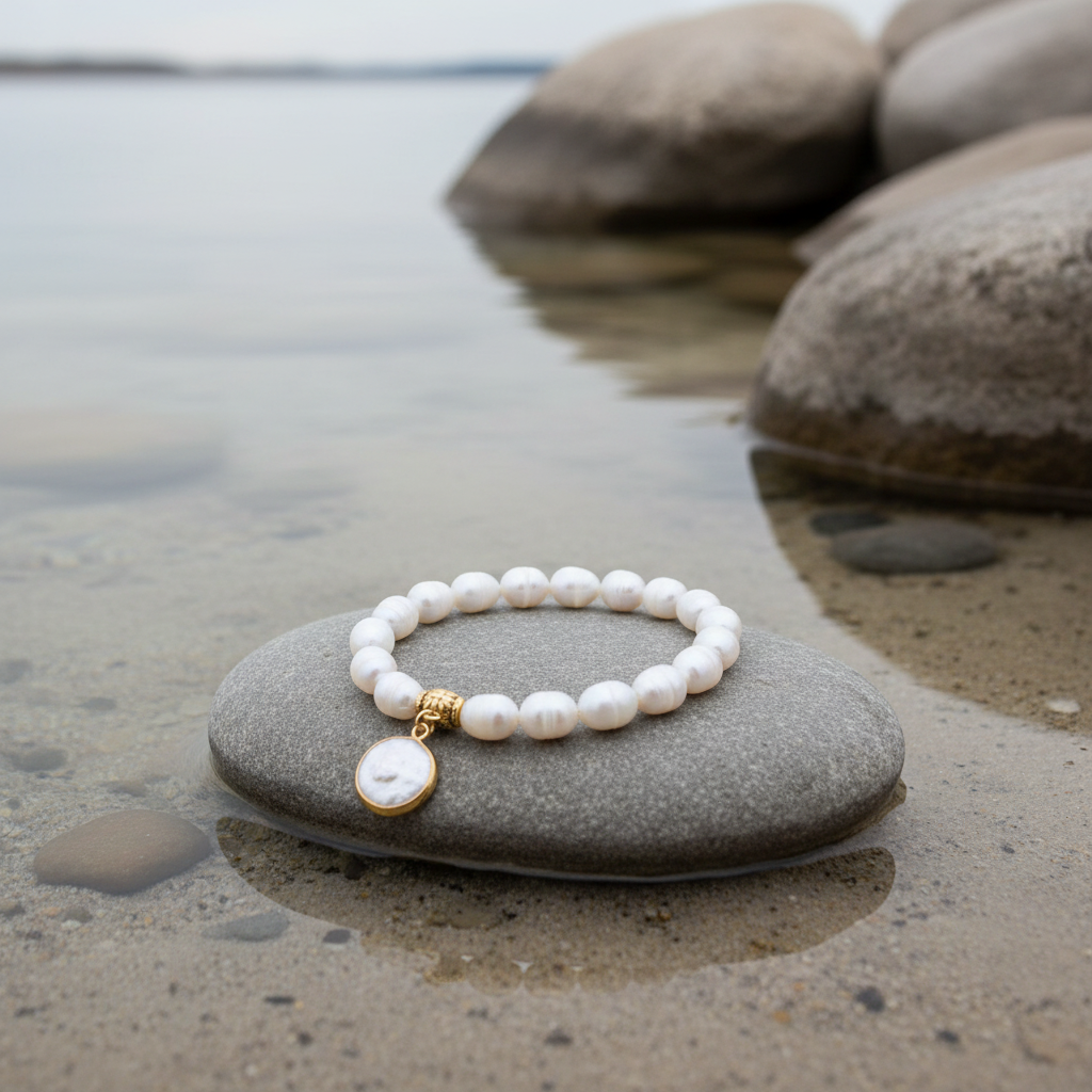 Golden Pearl Coin armband aan de waterkant