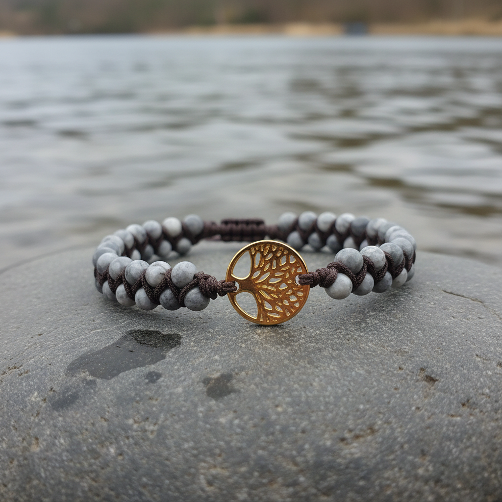 Golden Tree of Life Network Agate armband close-up