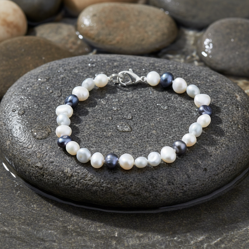 Grey Black White Pearl zoetwater parel armband close-up op grijze natte steen bij oever