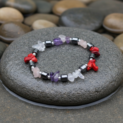Hematite Purple Red Gemstone armband close-up op grijze natte steen bij oever