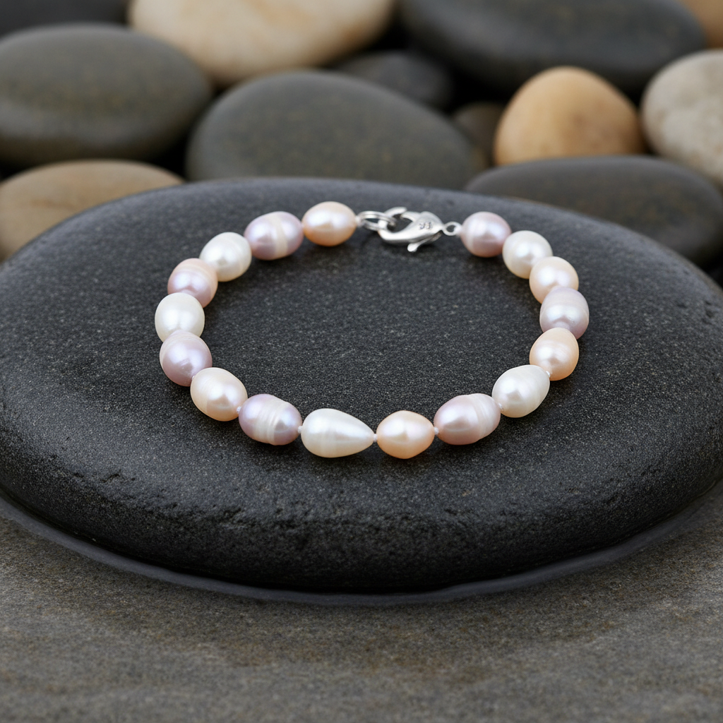 Hermosa parel armband close-up op grijze natte steen bij oever