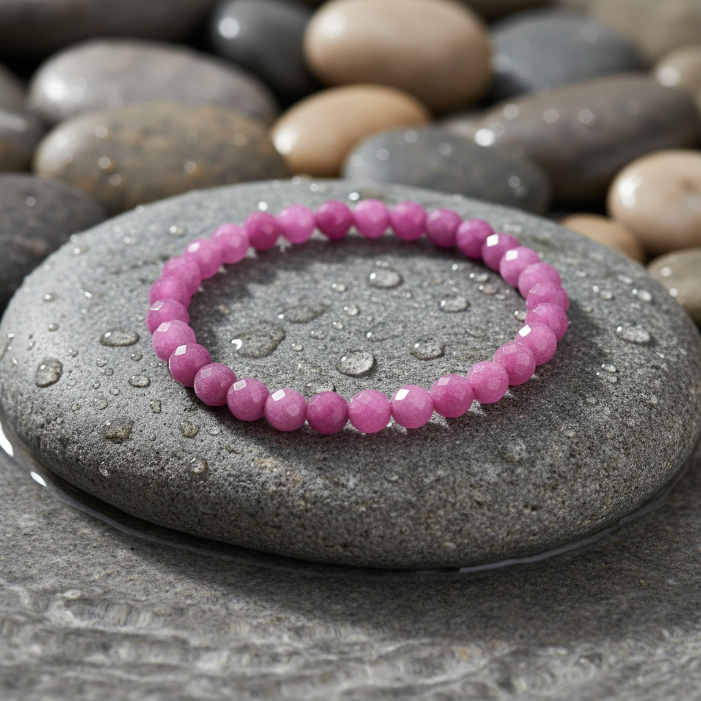 Jade Old Pink edelstenen armband close-up op grijze natte steen bij oever
