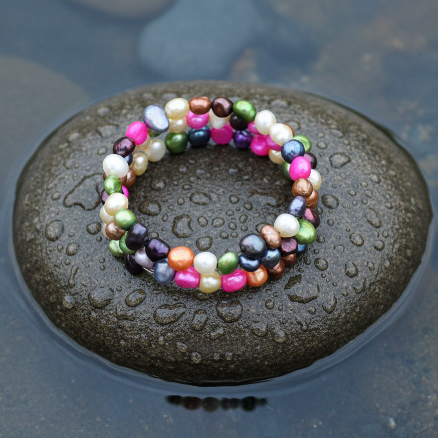 Kleurrijke parel armband op natte grijze steen bovenaanzicht