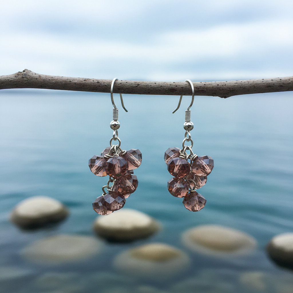 Kristallen oorbellen Brown Shine met zilverkleurige hanger aan takje met blauw water