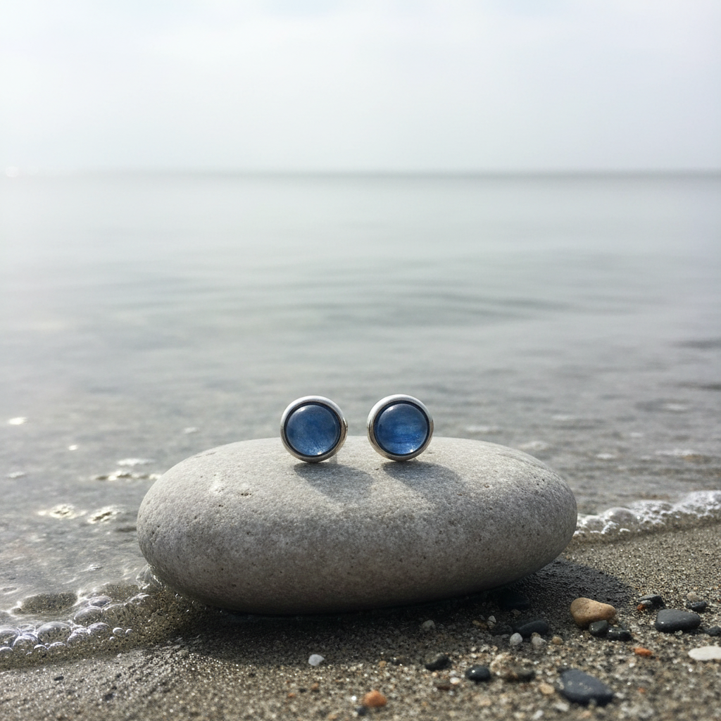 Kyanite oorbellen op steen met water achtergrond