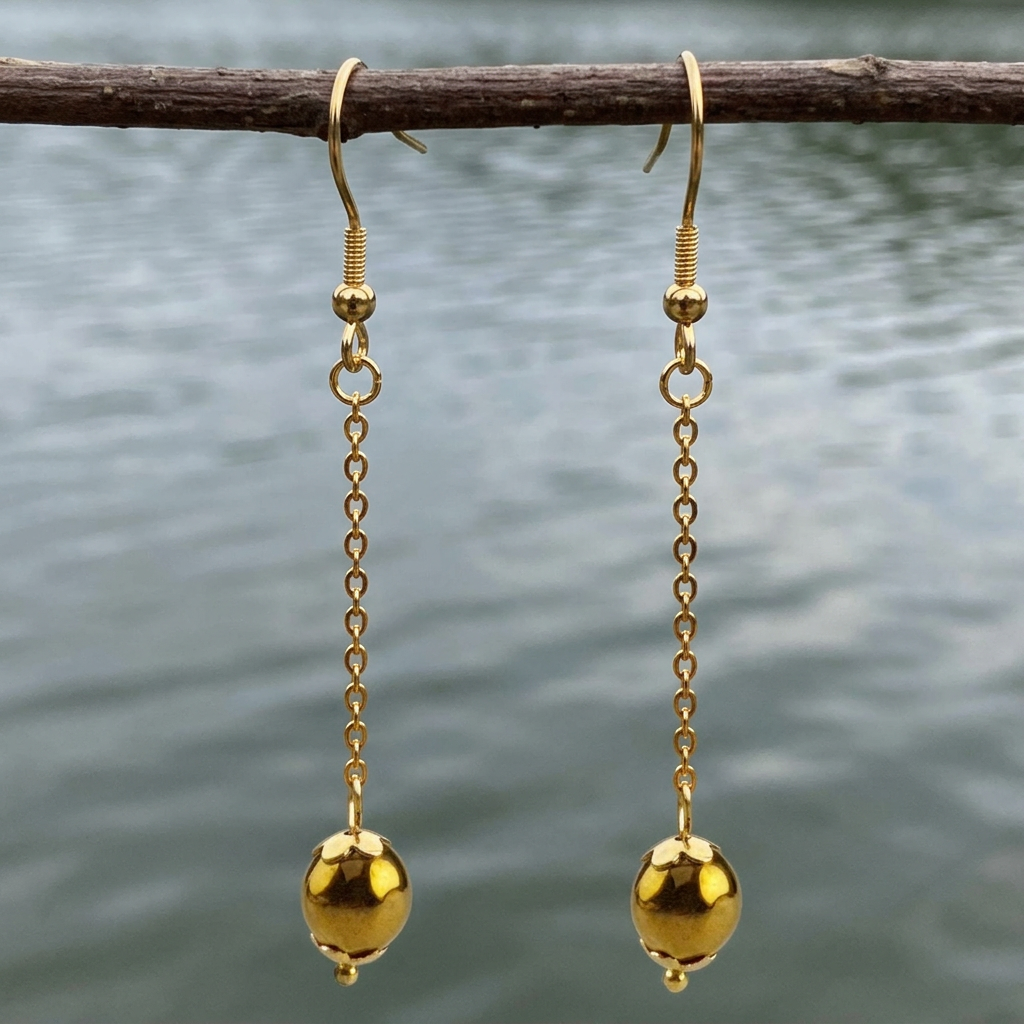 Lange goudkleurige hematietoorbellen aan een takje boven rustig water