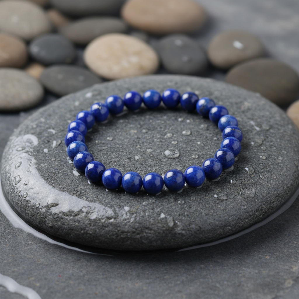 Lapis Lazuli edelstenen armband close-up op grijze natte steen bij oever