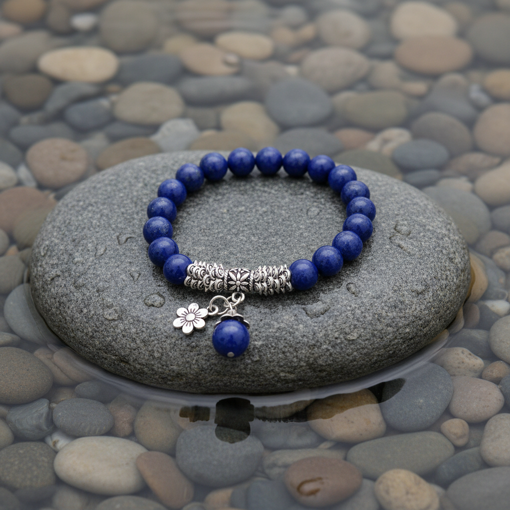 Lapis Lazuli Flower Ball edelstenen armband close-up op grijze natte steen bij oever