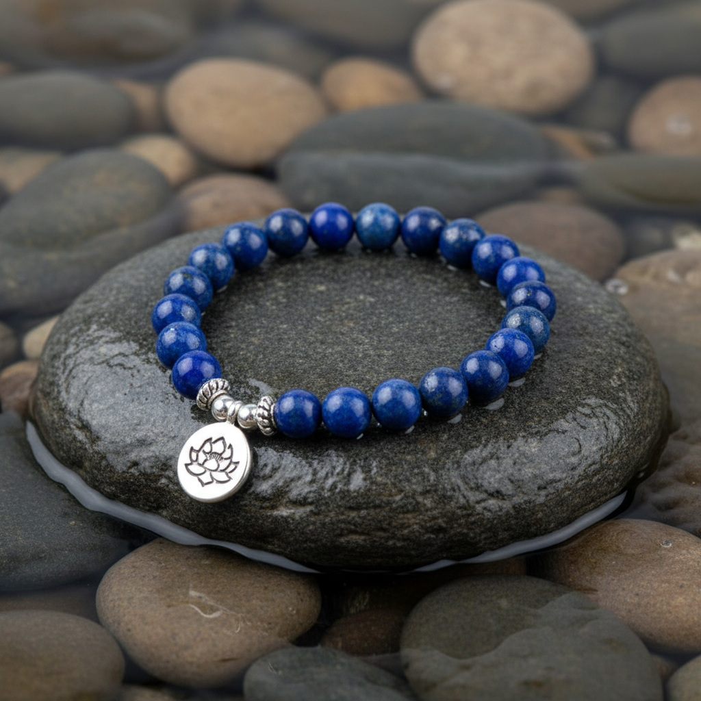 Lapis Lazuli Lotus edelstenen armband close-up op grijze natte steen bij oever