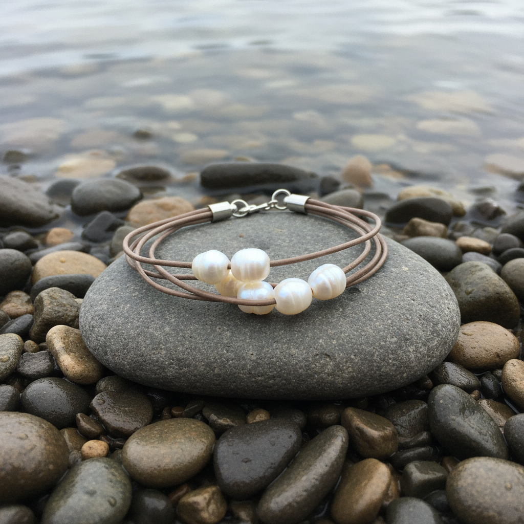 Leather Pearl White armband bij water