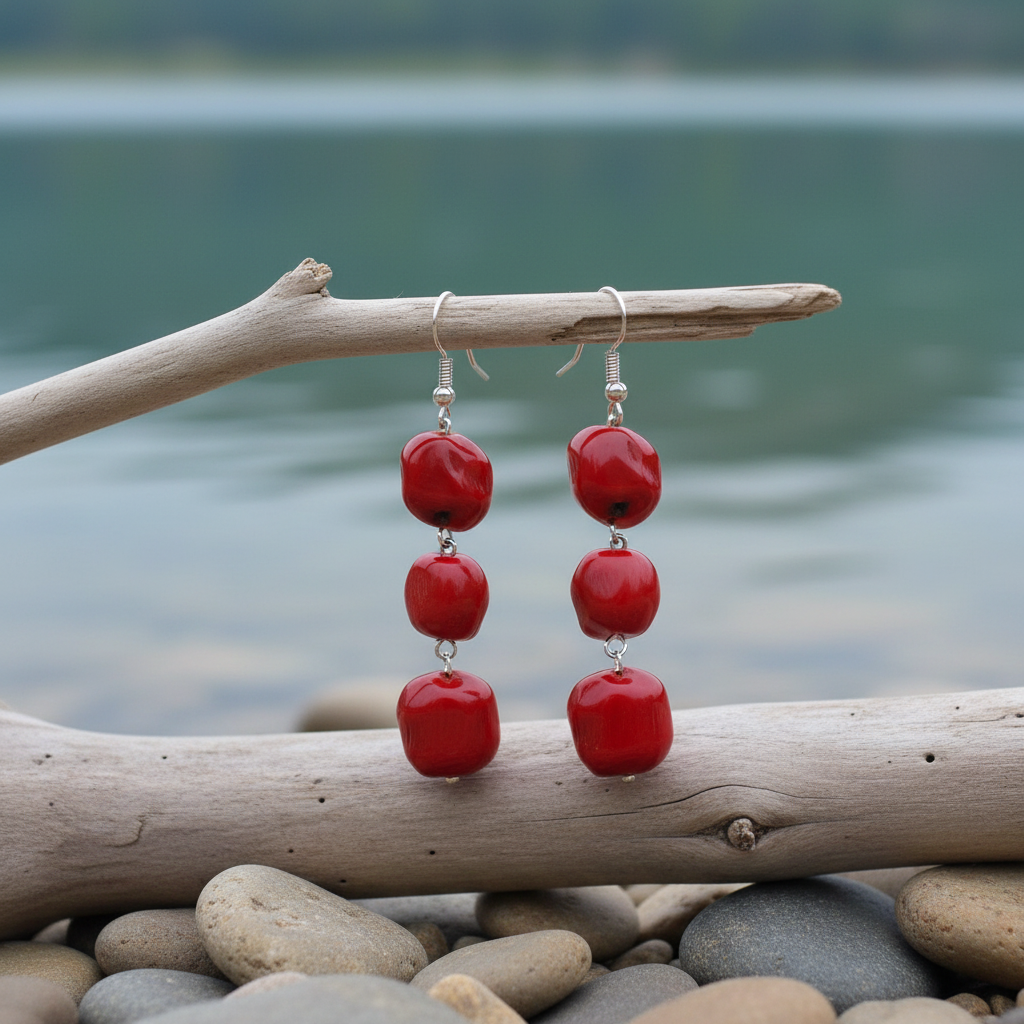 Long Red Big Coral beide oorbellen