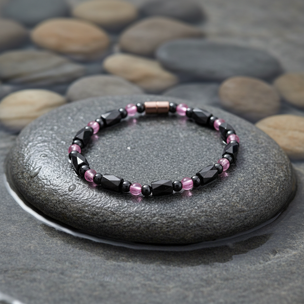 Magnetite Rose Crystal armband close-up op grijze natte steen bij oever
