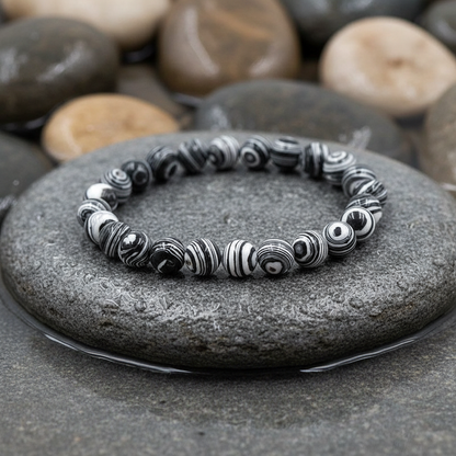 Malachiet Black and White edelstenen armband close-up op grijze natte steen bij oever