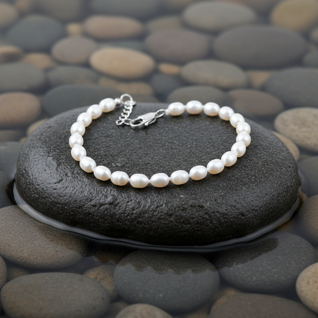 Mini parel armband close-up op grijze natte steen bij oever