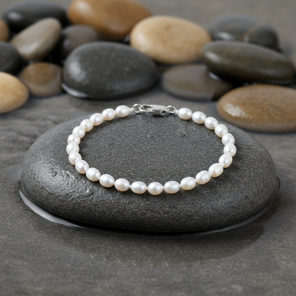 Mini parel armband natuurlijke compositie op grijze natte steen