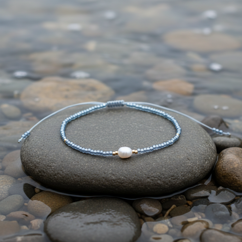 Mini Pearl One Shiny Light Blue armband bij water - variatie