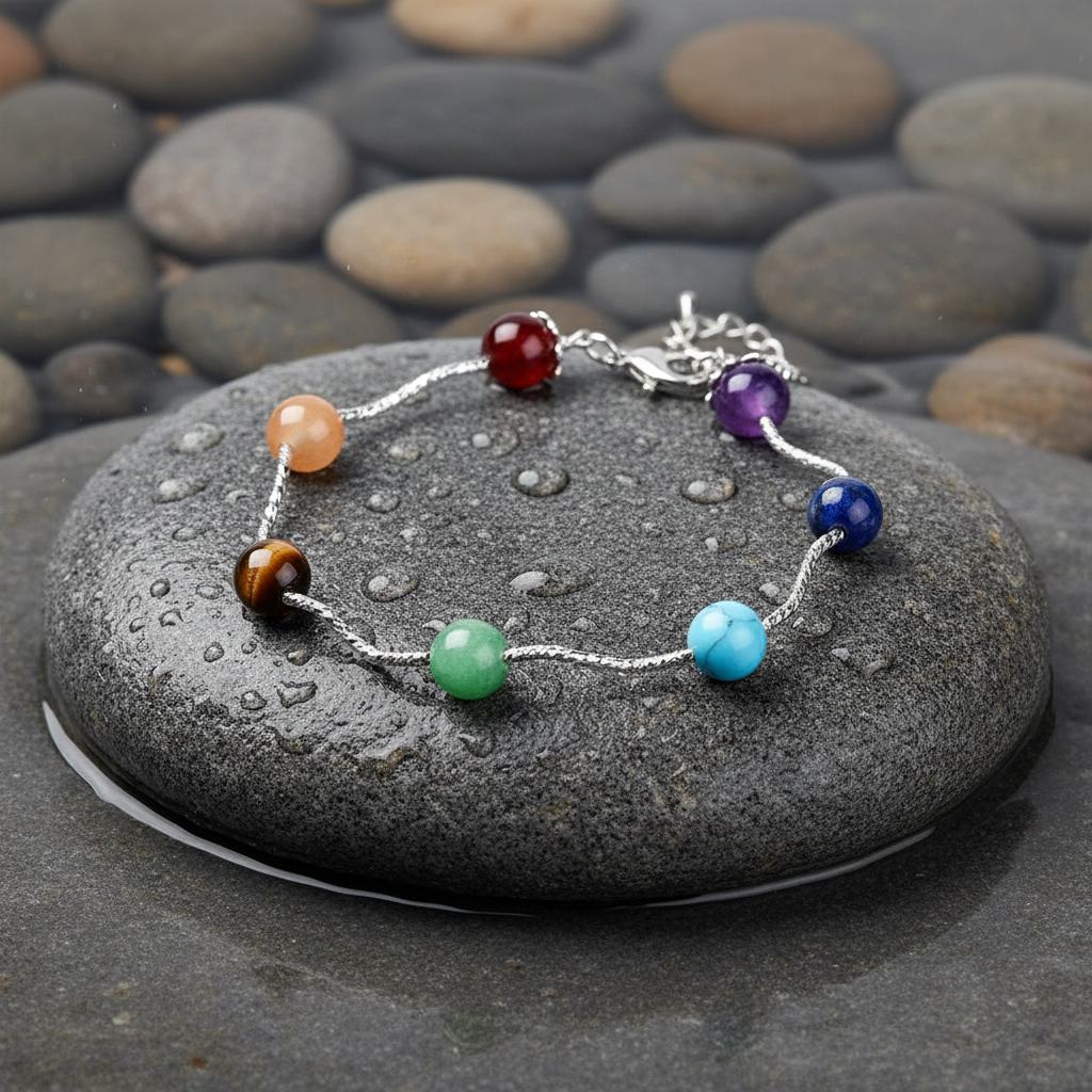 Mix Gemstones Balls edelstenen armband close-up op grijze natte steen bij oever