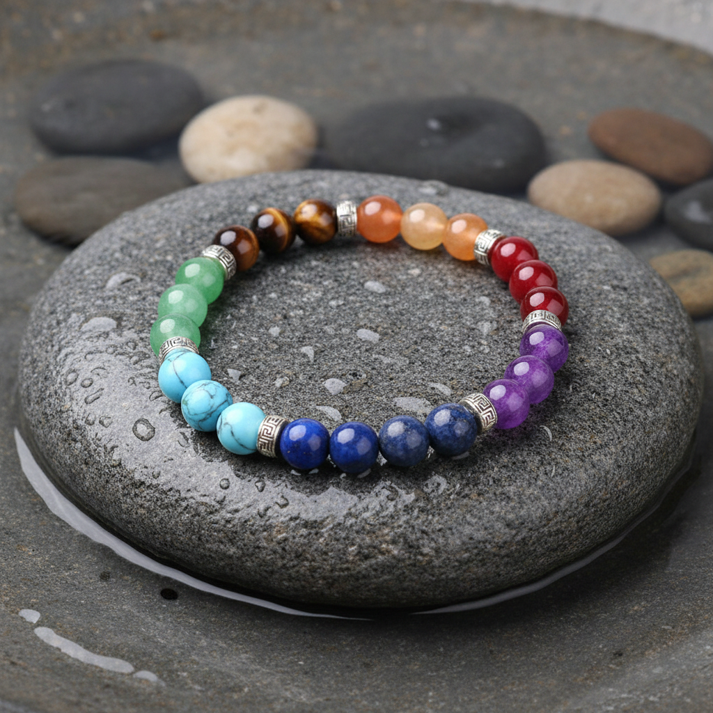 Mix Gemstones edelstenen armband close-up op grijze natte steen bij oever