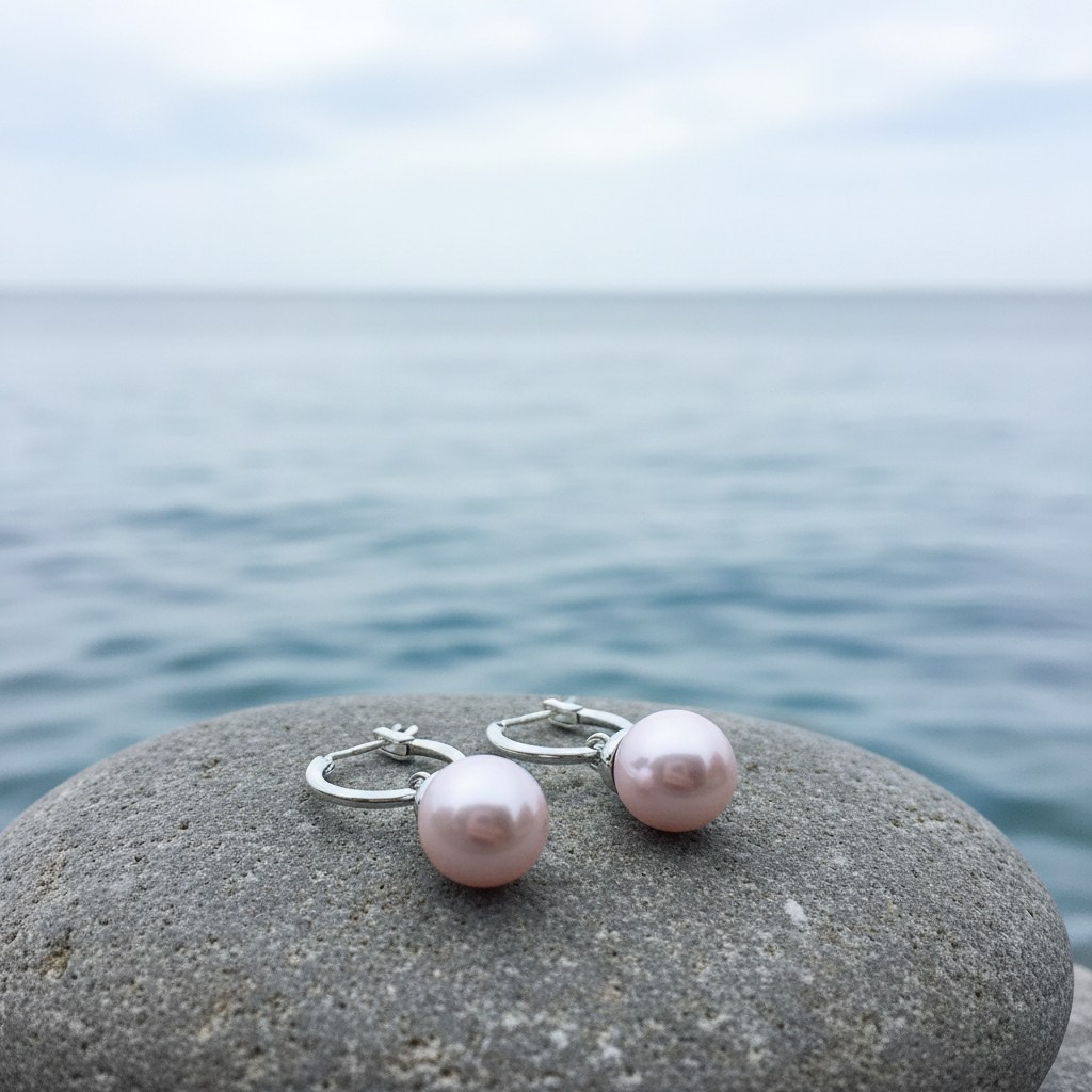 Mother of pearl oorbellen op steen aan waterrand