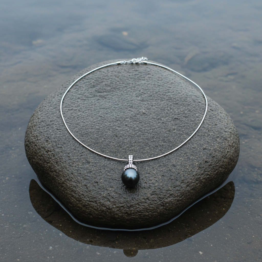 Mother of pearl parelketting met zwart groene parel en stras steentjes liggend op steen | Balanie