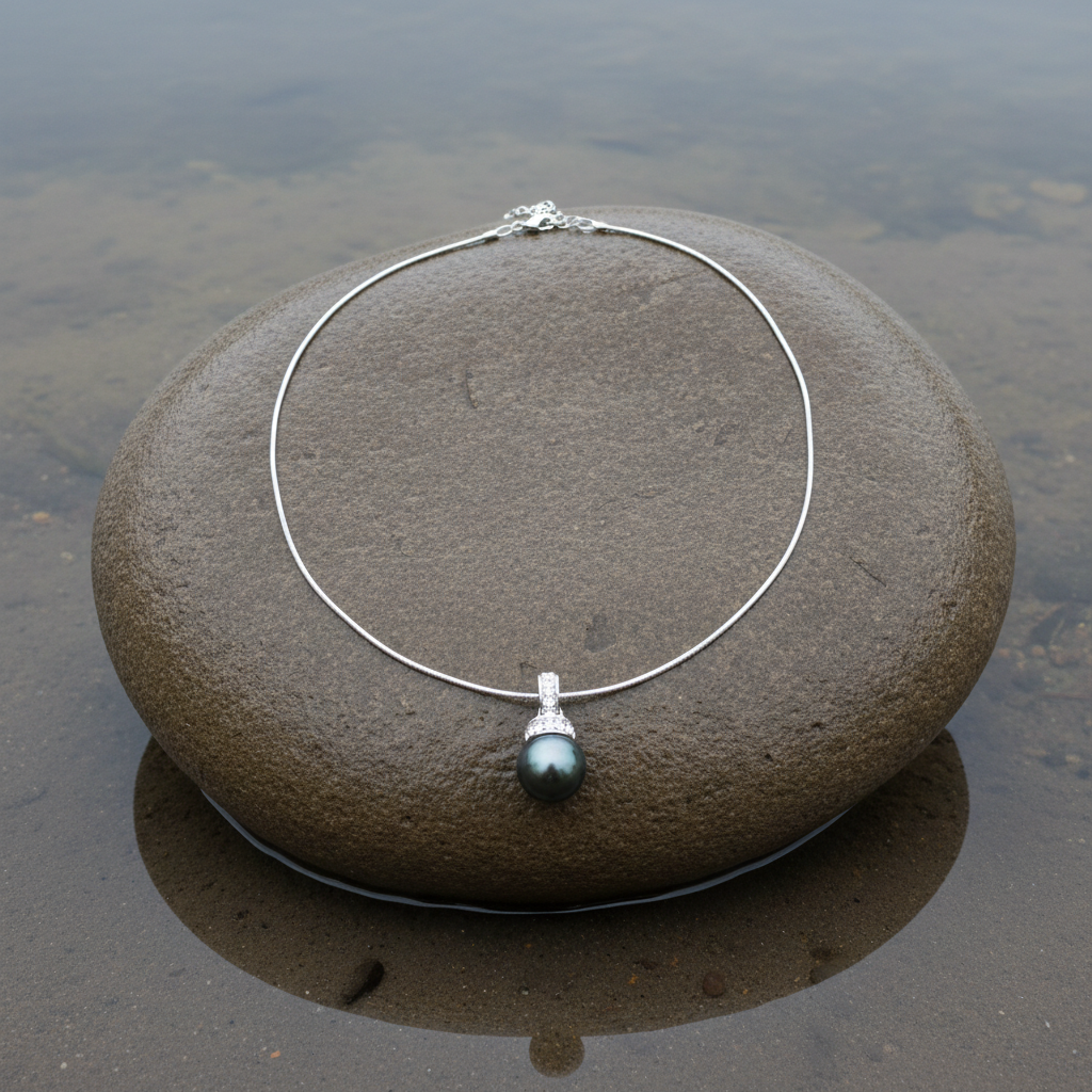 Mother of pearl parelketting met zwart groene parel en stras steentjes liggend op steen | Blizanie