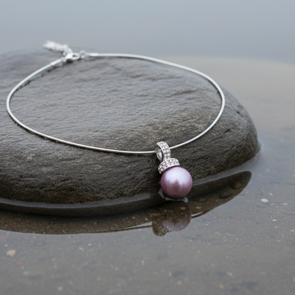 Oud roze mother of pearl parelketting met stras steentjes liggend op steen in water | Filanie