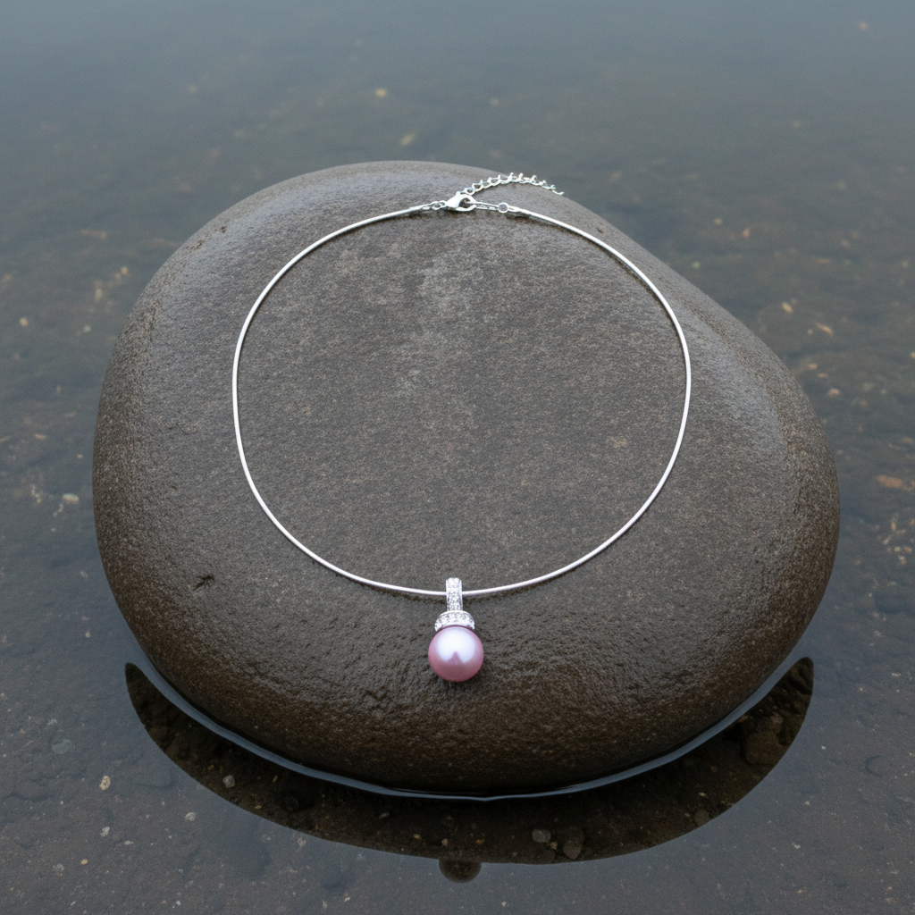 Oud roze mother of pearl parelketting met stras steentjes liggend op steen | Filanie