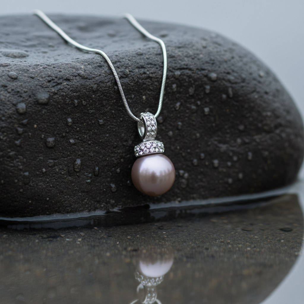 Mother of pearl parelketting met taupe kleurige parel en stras steentjes liggend op steen in water | Pelanie
