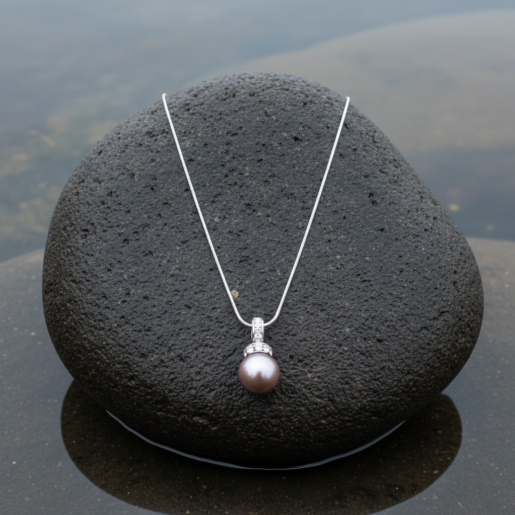 Mother of pearl parelketting met taupe kleurige parel en stras steentjes liggend op steen | Pelanie