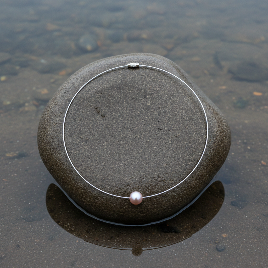 Oud roze mother of pearl parelketting aan spang liggend op steen | Wire Shiny Ball Pink