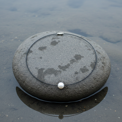 Witte mother of pearl parelketting aan spang liggend op steen in water  | Wite Shiny Ball White