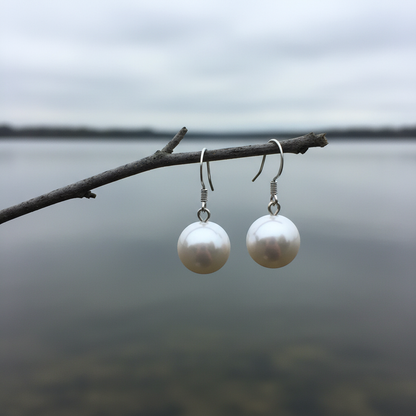 Witte mother of pearl parel oorbellen hangend aan takje | Shiny Ball White