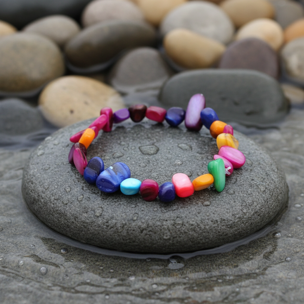 Multicoloured Shell Chip armband realistische variant op grijze natte steen