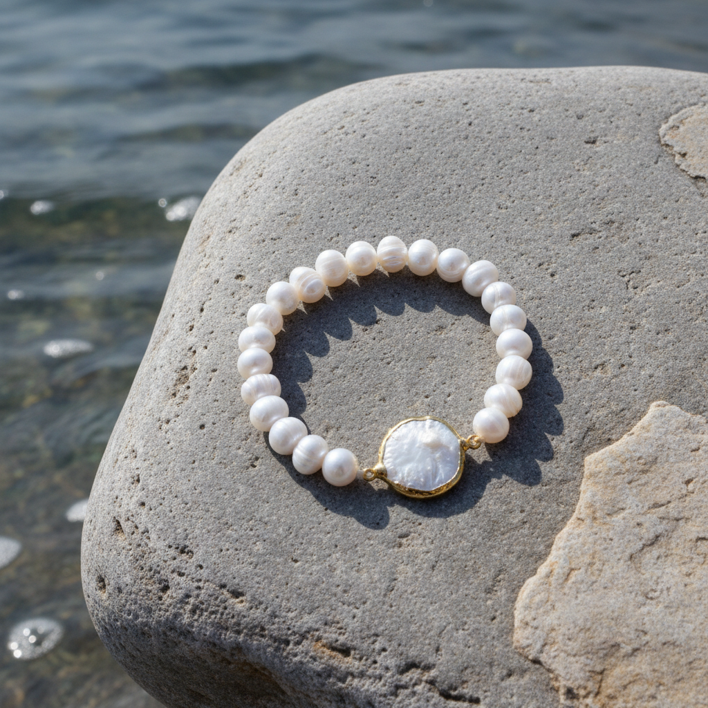 One Gold Coin Pearl armband sfeerbeeld - bovenaanzicht