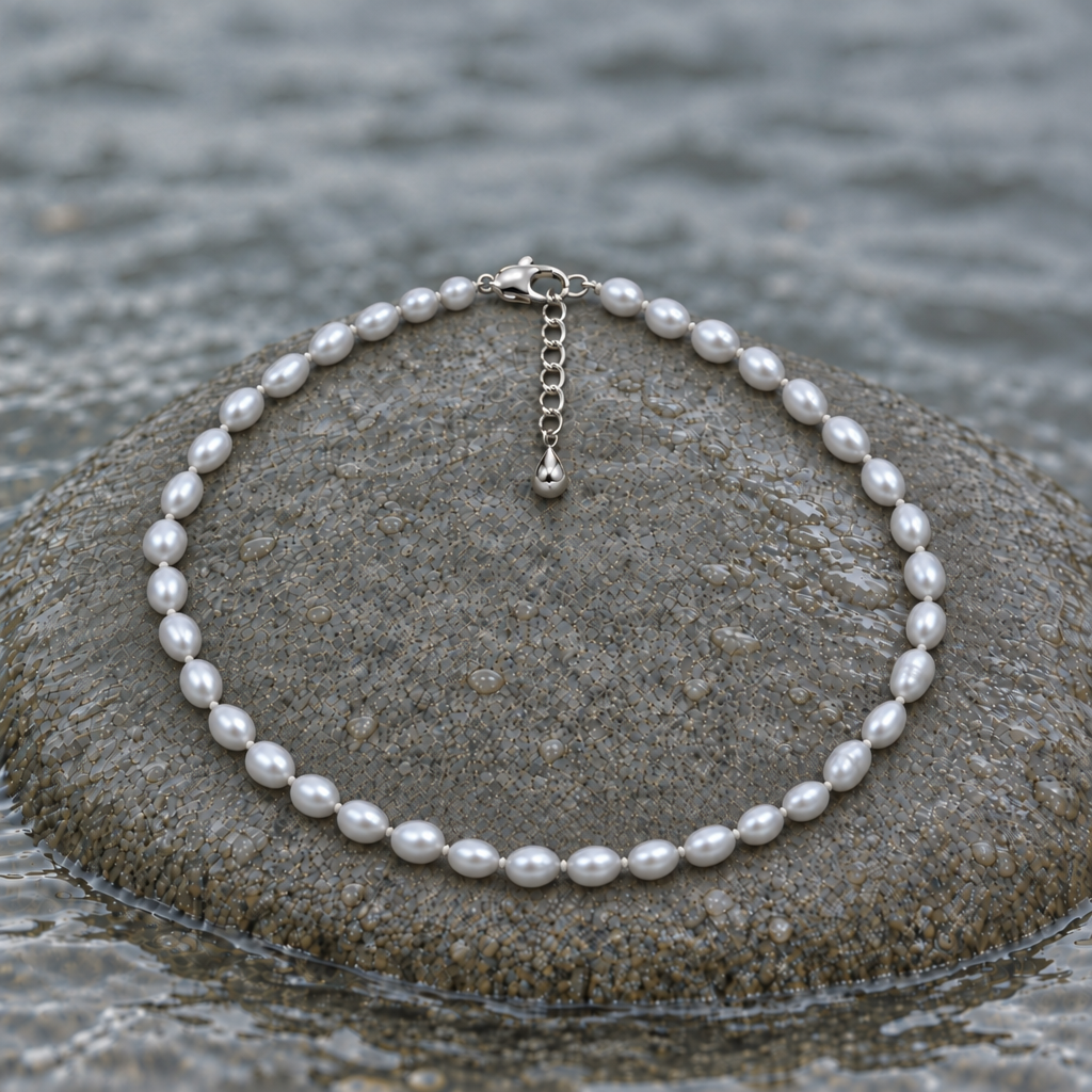 Parelketting met piepkleine witte draadknoopjes en iets onregelmatigere, gladde parels