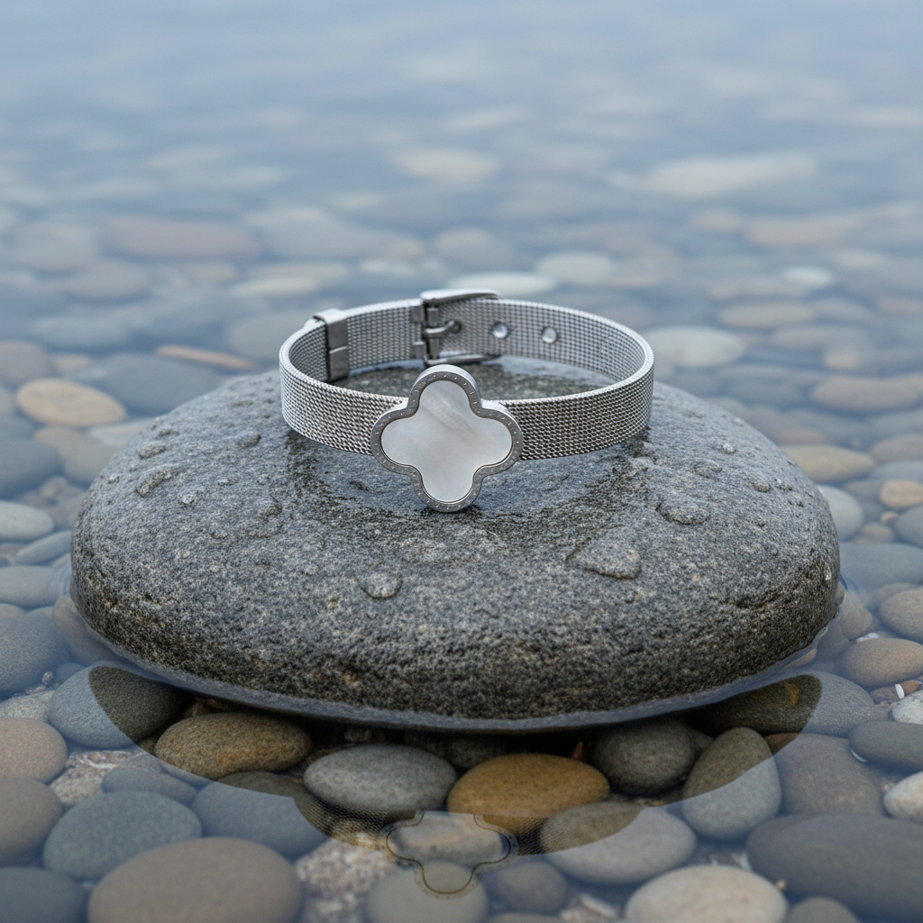 Parelmoeren armband White Shell Flower Watch op realistische grijze steen