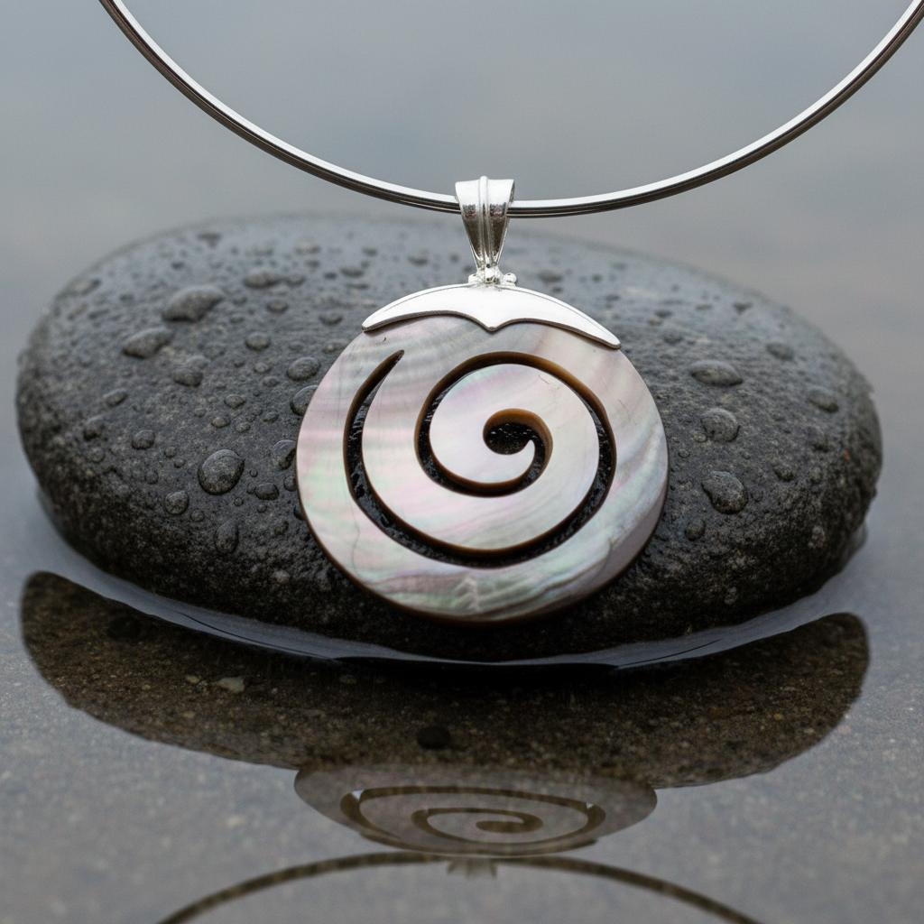 Parelmoeren choker ketting met parelmoeren hanger liggend op steen in water close up | Spiral Black Shell