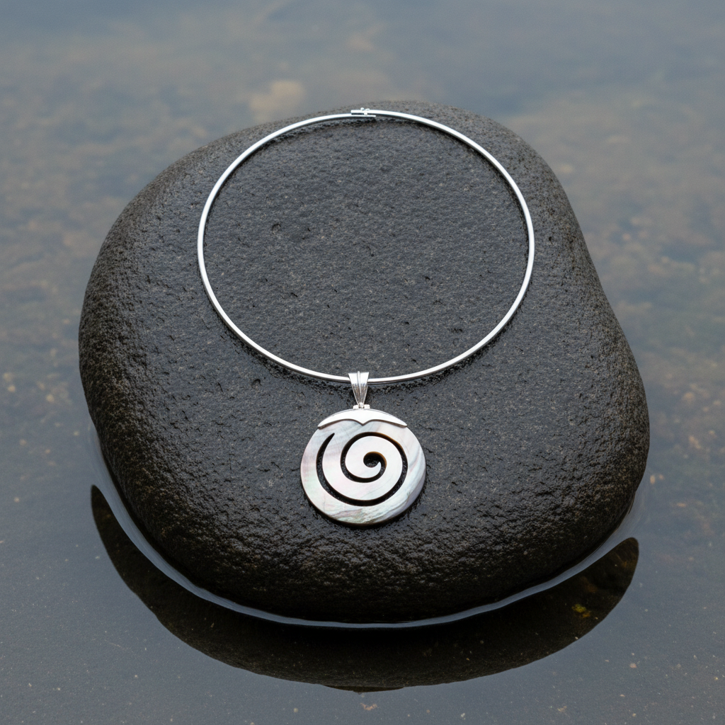 Parelmoeren choker ketting met parelmoeren hanger plat liggend op steen | Spiral Black Shell