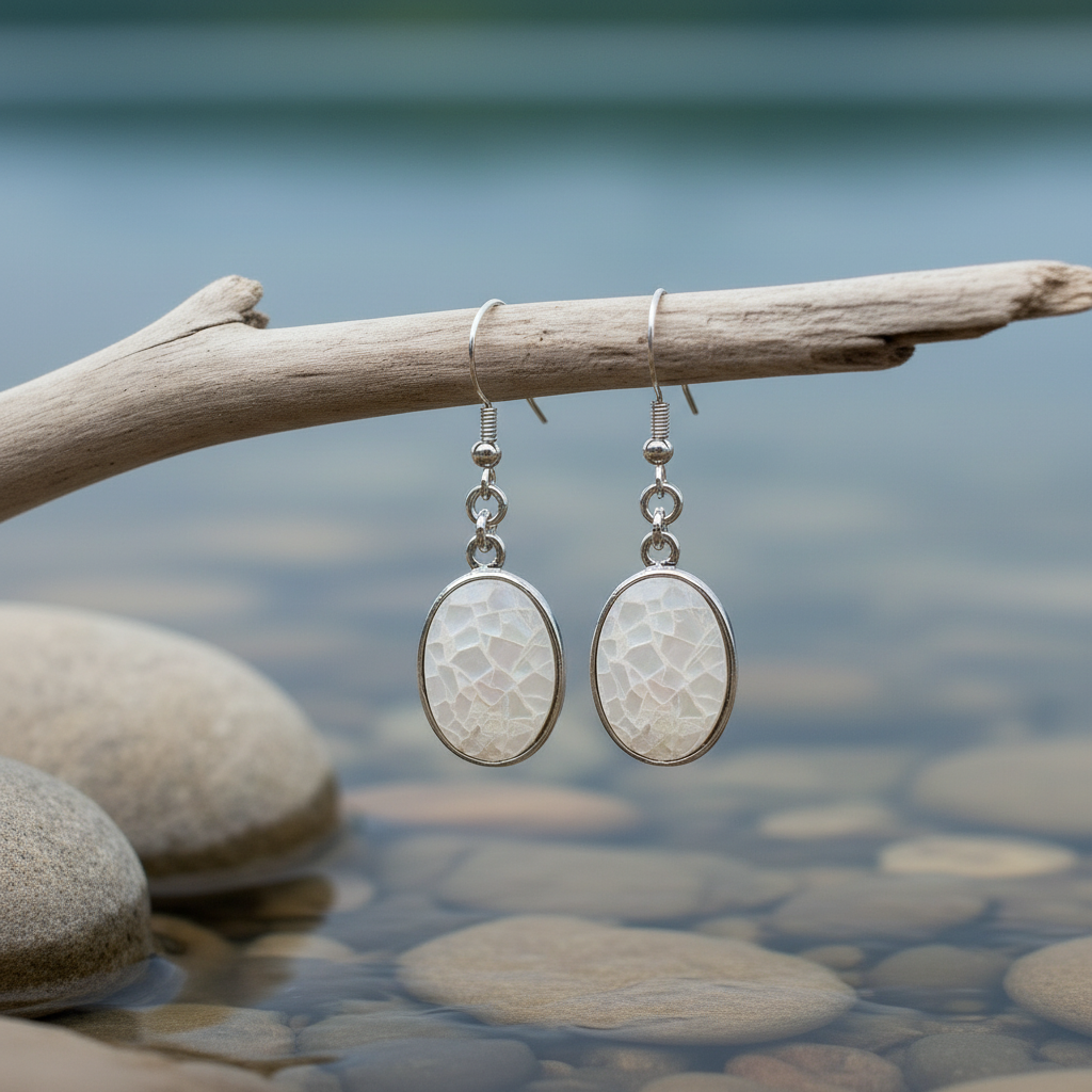 Parelmoeren oorbellen Oval White Shell Crackle aan takje - variant