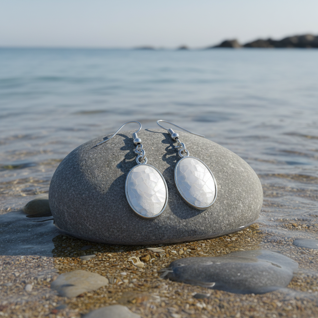 Parelmoeren oorbellen Oval White Shell Crackle op steen