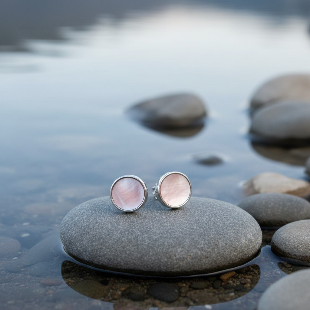 Parelmoeren oorbellen Shell Pink Stud Round op steen