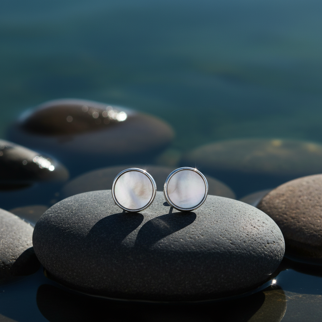 Parelmoeren oorbellen Shell White Stud Round op steen - hoog contrast