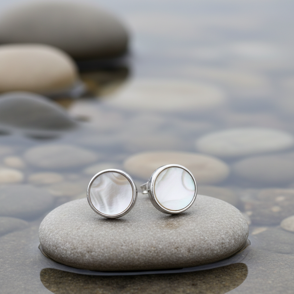 Parelmoeren oorbellen Shell White Stud Round op steen