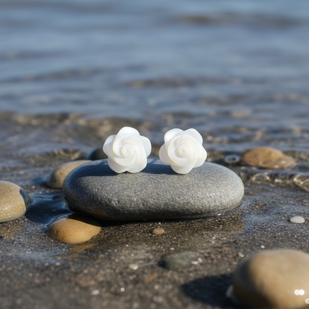 Parelmoeren oorbellen White Shell Flower 8 mm op steen